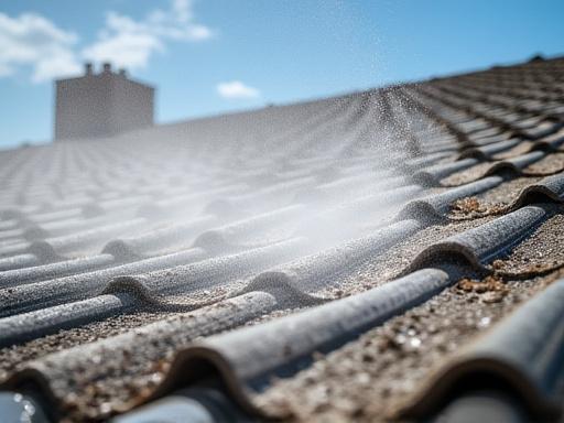 A residential roof during a soft wash treatment